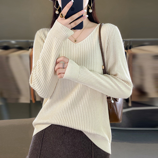 100%纯棉线低领打底衫女内搭秋冬洋气V领毛衣全棉宽松显瘦上衣潮