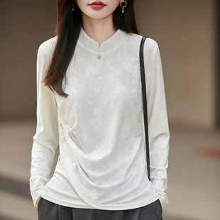 新中式打底衫t恤女25秋冬新款复古盘口国风内搭针织刺绣纯色上衣