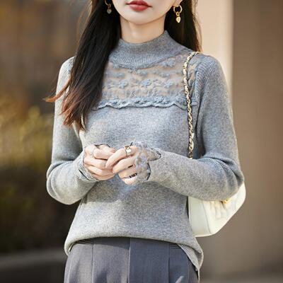 蕾丝钩花镂空拼接半高领毛衣女修身内搭针织衫秋冬上衣打底衫长袖