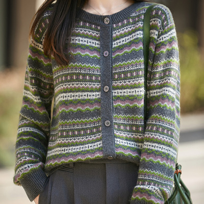 2025新款秋冬圆领毛衣开衫外套女提花覆古提花百搭加厚针织衫外套