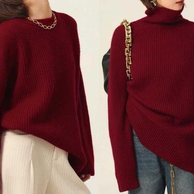 安哥拉红色圆领针织上衣女冬季厚款高领套头毛衣宽松慵懒风打底衫