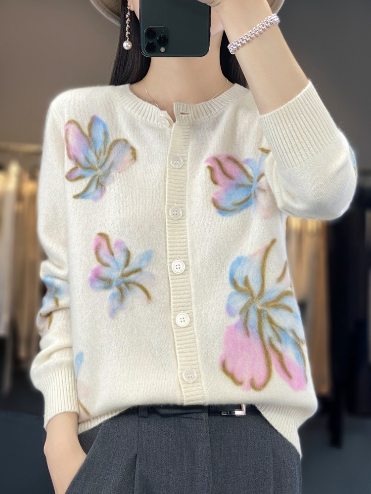 春秋款羊毛开衫女圆领提花拼色外搭毛衣宽松羊毛衫针织外套,女装/女士精品,羊绒衫,淘宝优惠券,粉丝福利购,淘宝优惠卷