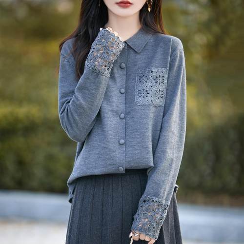 设计感镂空钩花袖宽松针织开衫女小众时尚POLO领保暖毛衣打底外套