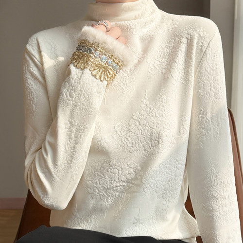 优雅新中式半高领加绒保暖打底衫女秋冬国风刺绣加厚马甲内搭上衣