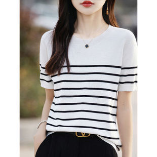 减龄黑白条纹短袖纯棉针织t恤女夏季薄款显瘦气质百搭海魂衫上衣