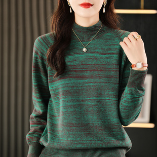 重磅加厚100%纯棉线长袖针织打底衫女半高领套头保暖毛衣短款条纹