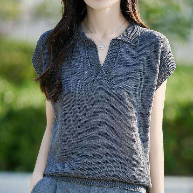 冰丝针织POLO领小飞袖T恤女图片