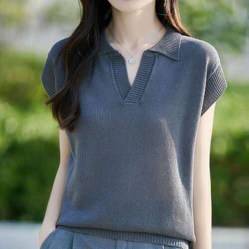 冰丝针织POLO领小飞袖T恤女