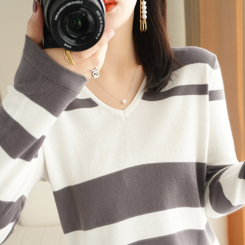 不起球100%纯棉V领针织毛衣女长袖宽松条纹春秋内搭全棉线打底衫,女装/女士精品,毛针织衫,淘宝优惠券,粉丝福利购,淘宝优惠卷