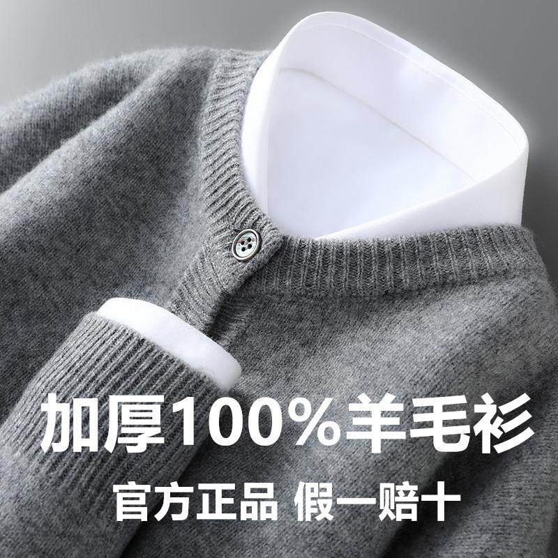 加厚100%纯羊毛衫男开衫外套宽松圆领毛衣秋冬新款针织打底羊绒衫