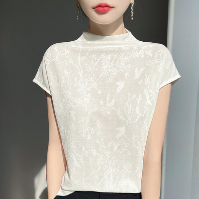 半高领白色飞袖冰丝针织衫T恤女2025夏季正肩宽松打底衫薄款上衣