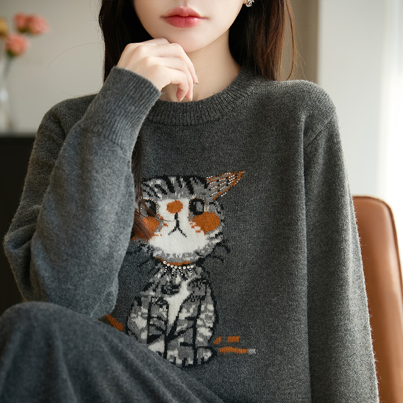 可爱减龄猫咪提花亮片圆领针织衫女25秋冬加厚宽松打底衫洋气毛衣