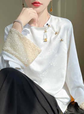 2025夏季新款薄款圆领提花套头上衣女士宽松显瘦中式国风亮片打底