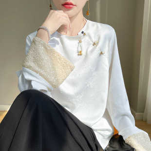 圆领提花套头上衣女士宽松显瘦中式 薄款 国风亮片打底 新款 2025夏季