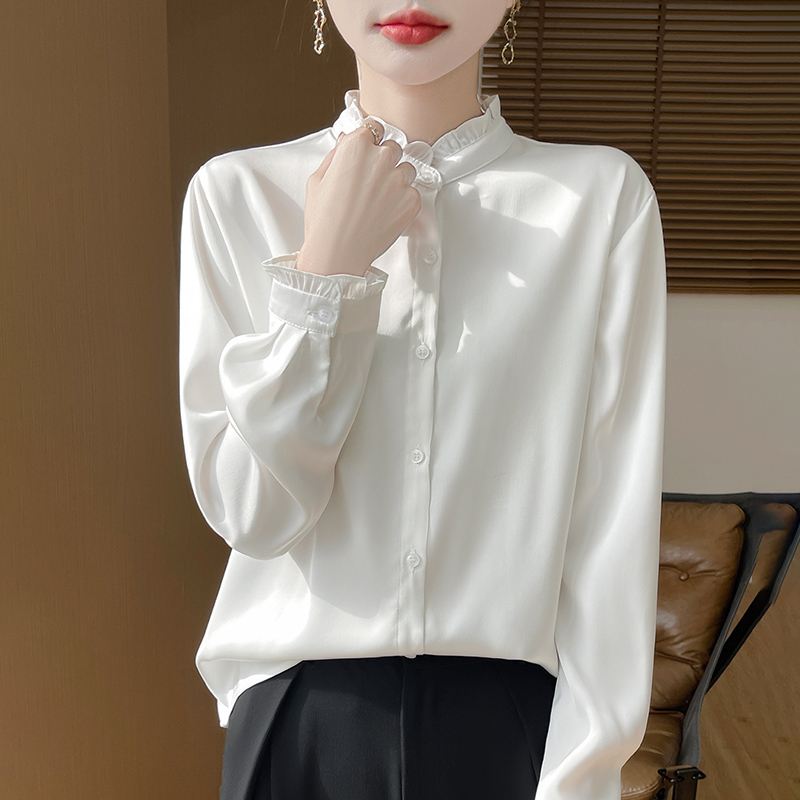2025春季新款轻奢质感缎面花边半高领衬衫女气质优雅减龄百搭上衣