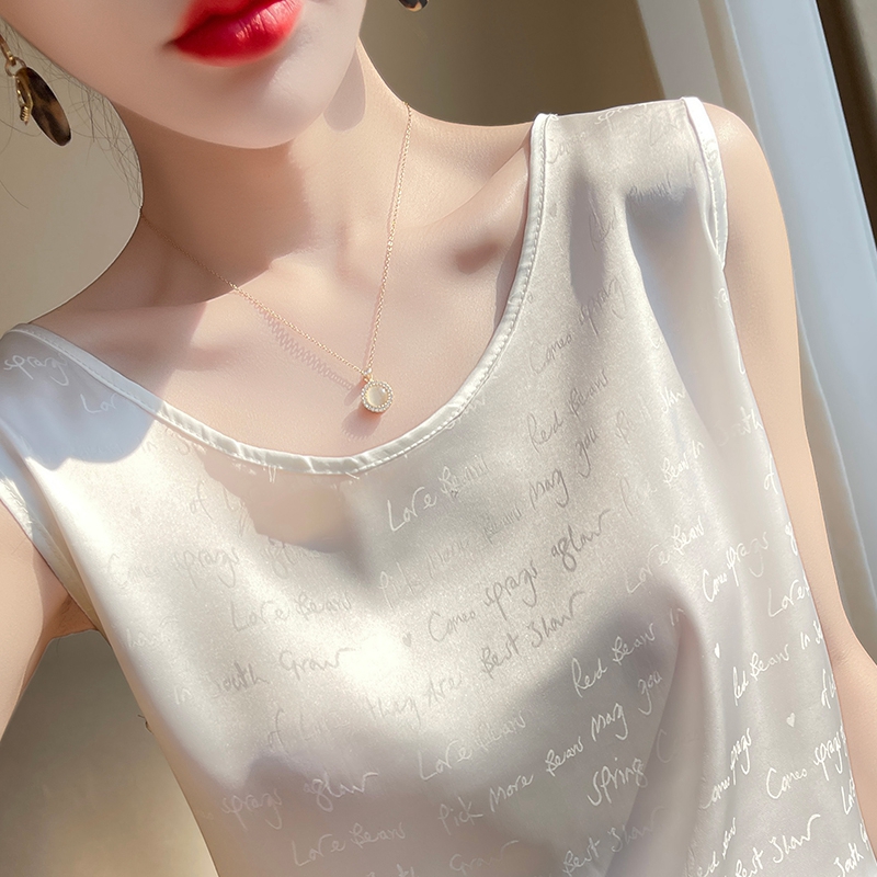 真丝背心女夏季外穿新款西装内搭字母印花缎面桑蚕丝圆领吊带打底