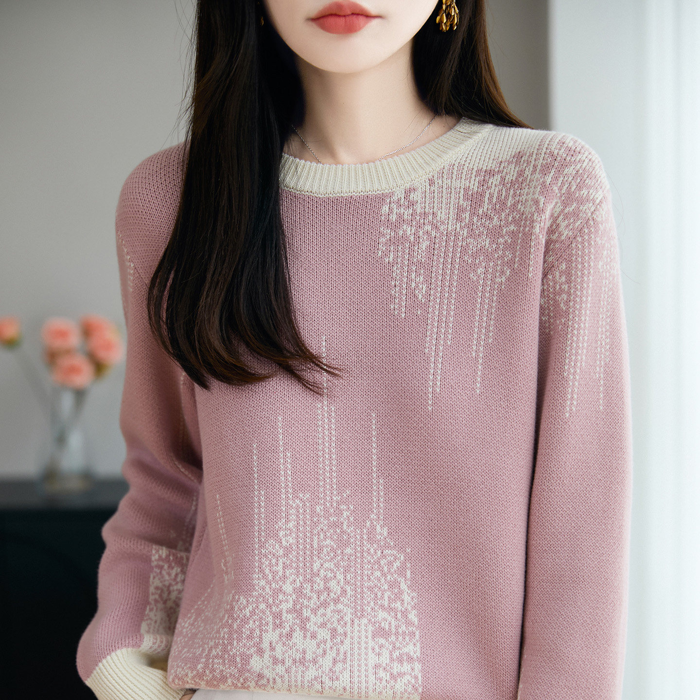 加厚提花圆领纯棉线针织衫女毛衣2025秋冬新款长袖内搭打底上衣潮