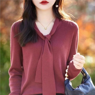 法式气质宽松薄款飘带羊绒针织衫