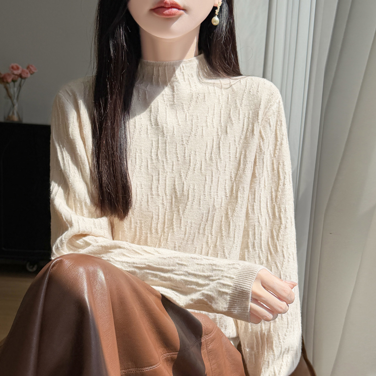 褶皱纹理半高领提花针织衫毛衣女秋冬修身内搭打底衫软糯长袖上衣