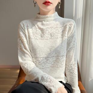 法式温柔风半高领蕾丝针织衫女长袖白色毛衣软糯套头高级感打底衫