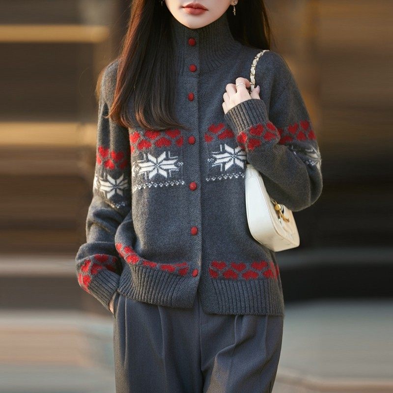 复古北欧风费尔岛风毛衣女高领针织开衫女灰色撞色高级感毛衣外穿,女装/女士精品,毛针织衫,淘宝优惠券,粉丝福利购,淘宝优惠卷