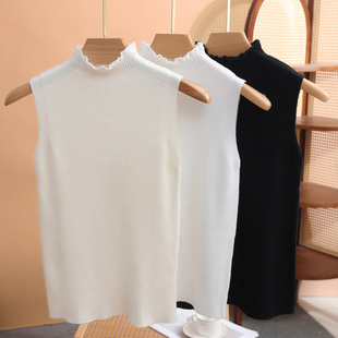 上衣 吊带背心女内搭半高领打底针织衫 小香风木耳边打底衫 女无袖