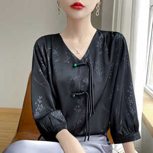 国风提花盘扣七分袖 夏季 新款 中式 洋气宽松显瘦上衣女复古好看 衬衫