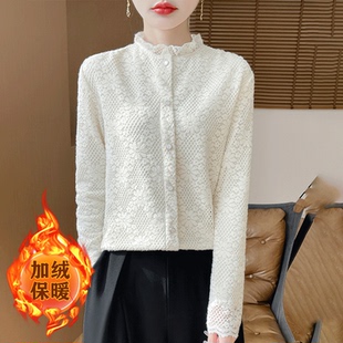 加绒半高花边领长袖套头衬衫女装秋冬蕾丝西装内搭叠穿打底衫上衣
