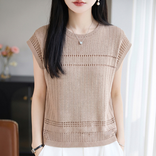 2026夏季天丝亚麻休闲宽松女款设计感小众套头镂空针织衫短袖上衣