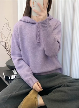秋冬女士加厚连帽紫色毛衣女2025新款冬季可外穿内搭高级感针织衫