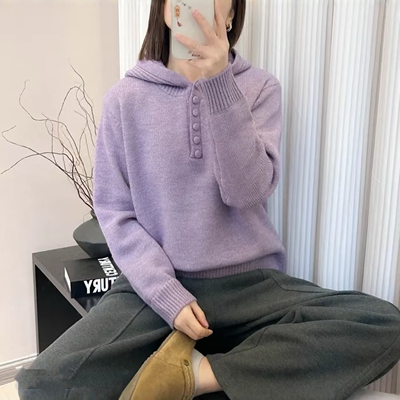 秋冬加厚连帽紫色针织衫高级感
