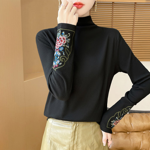 新中式国风刺绣半高领打底衫