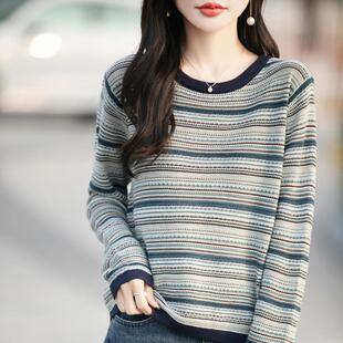 百搭内搭上衣 简约针织长袖 100%纯棉春夏条纹拼色女装 宽松圆领韩版