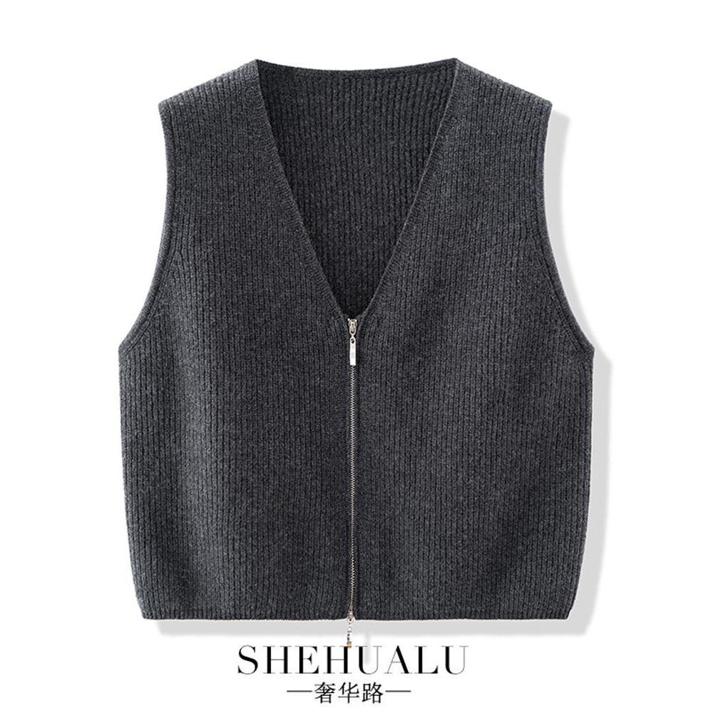 短款拉链纯羊毛针织开衫马甲背心女春秋2025新款外搭V领毛衣坎肩