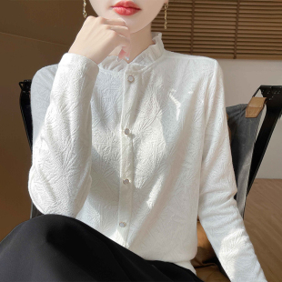 女重工钩花木耳边拉夫领内搭打底衫 法式 衬衫 长袖 名媛花苞领针织衫