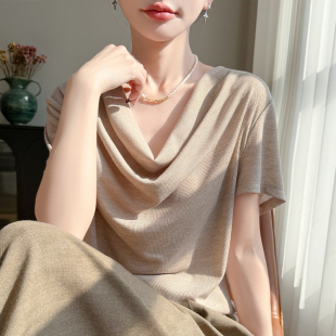 设计感薄款短袖纯色打底衫女夏小众韩版堆堆领宽松套头冰丝针织衫