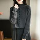 女秋冬宽松加厚毛衣软糯打底衫 半高领提花纽扣针织衫 毛衣 时尚 韩版