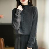 女秋冬宽松加厚毛衣软糯打底衫 半高领提花纽扣针织衫 毛衣 时尚 韩版