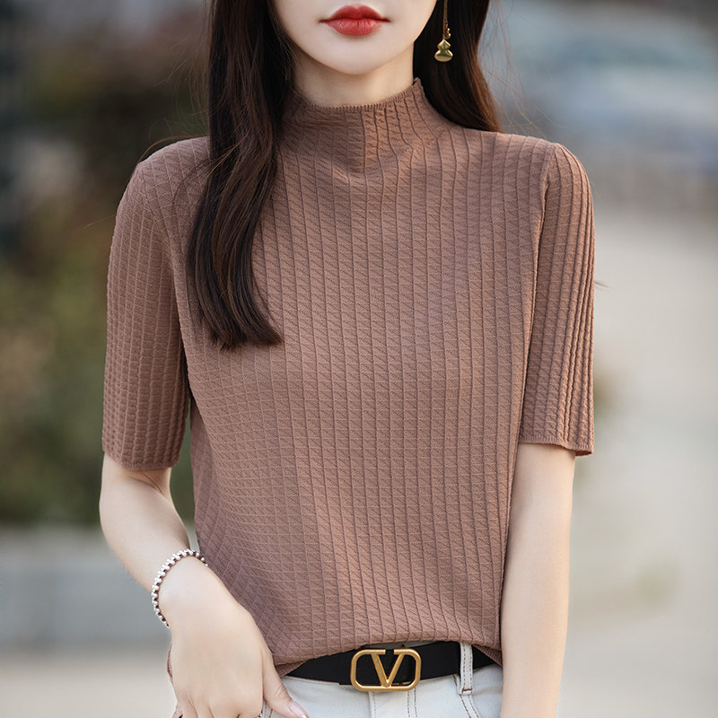春夏薄款曲珠冰丝针织短袖t恤女图片