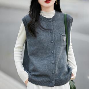 2025新款秋冬休闲马甲包扣针织毛衣背心女无袖开衫圆领坎肩短外套