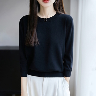 纯棉针织衫 七分袖 短袖 T恤女圆领全棉中袖 正肩上衣 秋季 打底衫 新款