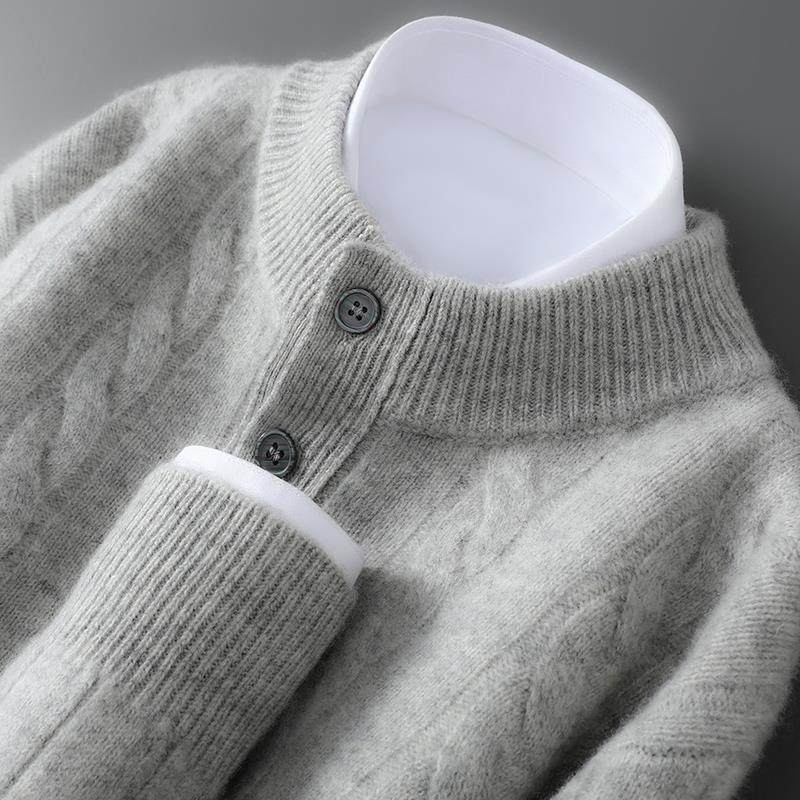 秋冬新款男士半高领100%纯羊毛衫加厚宽松毛衣休闲麻花针织羊绒衫