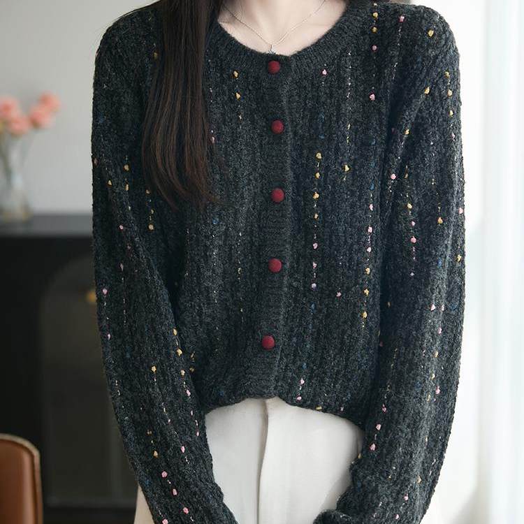 超美巨好看彩点厚款针织开衫外套上衣圆领彩色韩系小香风毛衣外搭
