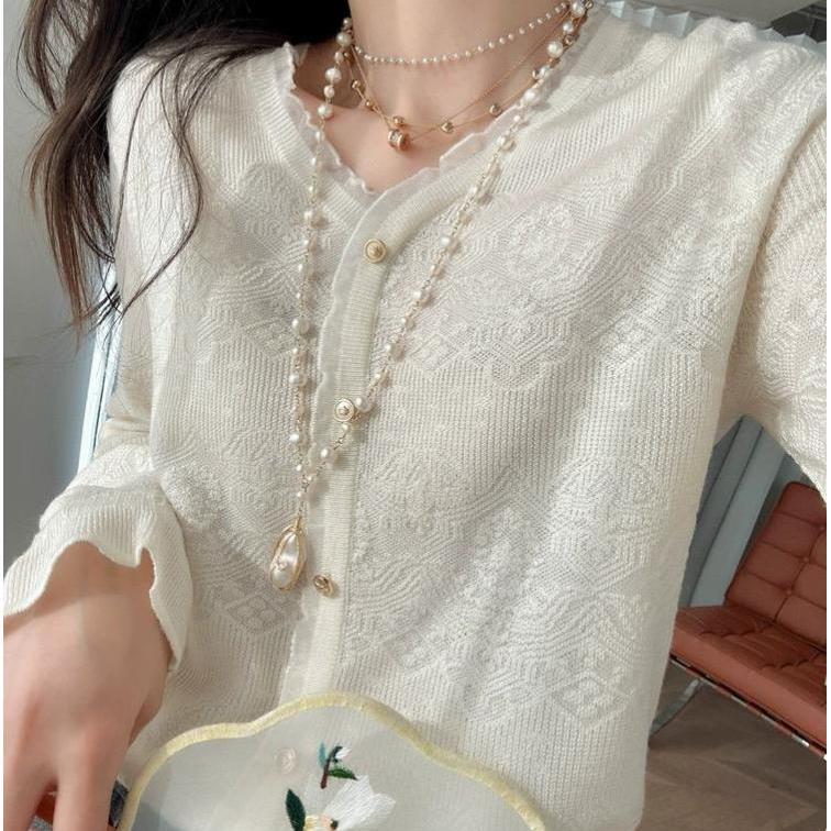 欧根纱蕾丝肌理感V领假开衫女宽松韩版显瘦毛衣外套内搭打底上衣