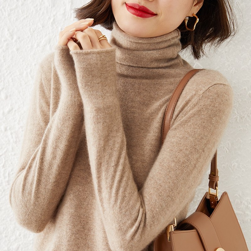 秋冬新款堆堆领卷边套头针织打底衫女纯色修身保暖内搭百搭毛衫