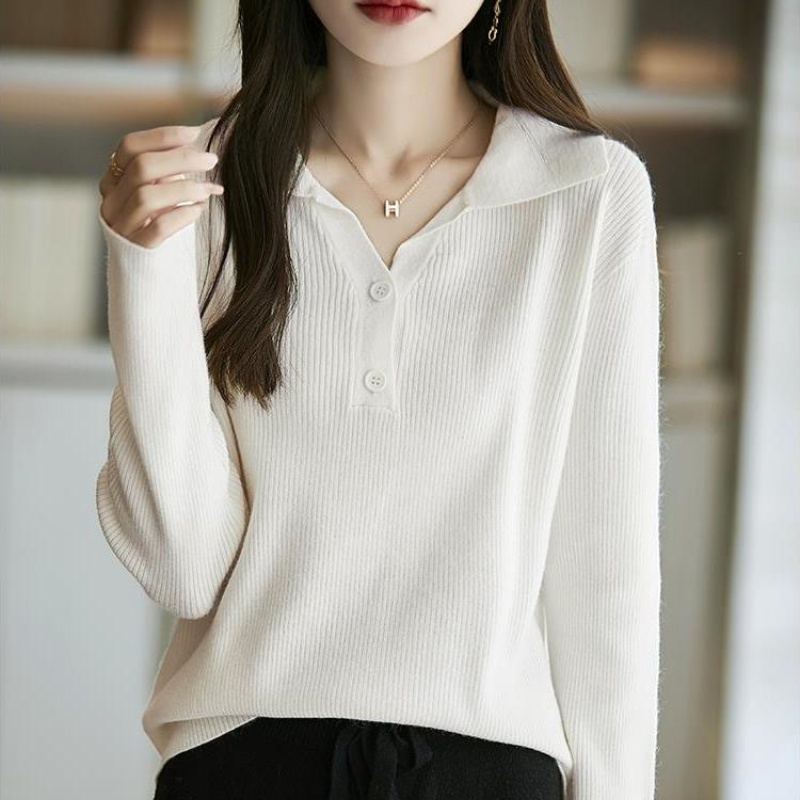设计感小众POLO领长袖针织打底衫女V领毛衣春秋新款翻领毛衫上衣