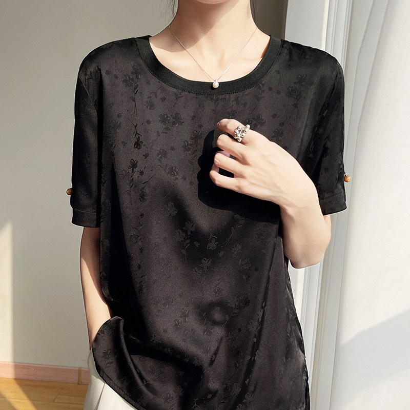 2025春夏新款圆领桑蚕丝短袖上衣女国风提花真丝休闲T恤女,女装/女士精品,真丝上装,淘宝优惠券,粉丝福利购,淘宝优惠卷