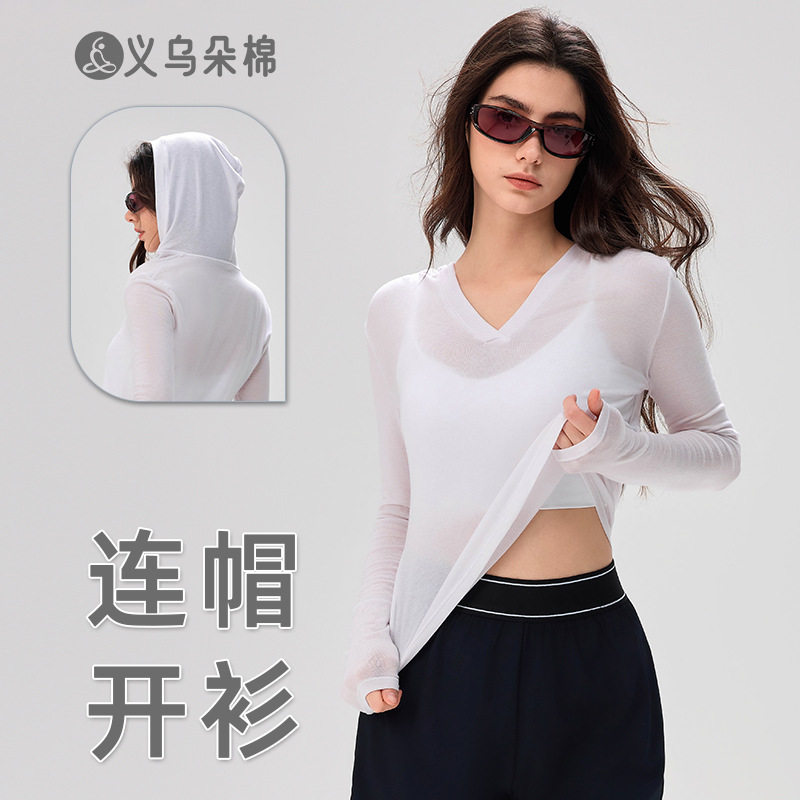 瑜伽罩衫女显瘦运动健身上衣宽松薄瑜伽服长袖t恤春夏休闲连帽衫