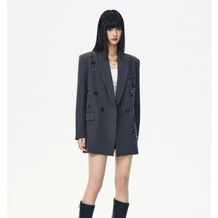 女 灰色西装 SeeU喜尤2025春秋轻奢宽松西装 外套女重工钉珠女士阔版