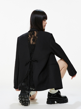 SeeU喜尤高级感蕾丝拼接西装外套女春秋季新款阔版黑色系带西服女